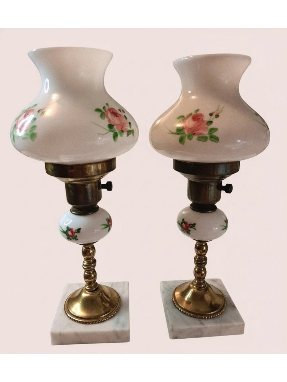 Set of Vintage Milk Glass/Brass/Marble Base Hand Painted Lamps